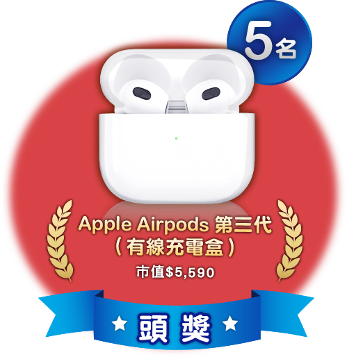 頭獎5名：Apple Airpods 第三代（有線充電盒），市值＄5,590